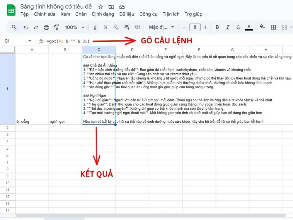 Nhập đúng câu lệnh để yêu cầu ChatGPT tạo ra dữ liệu mới từ các ô trước đó