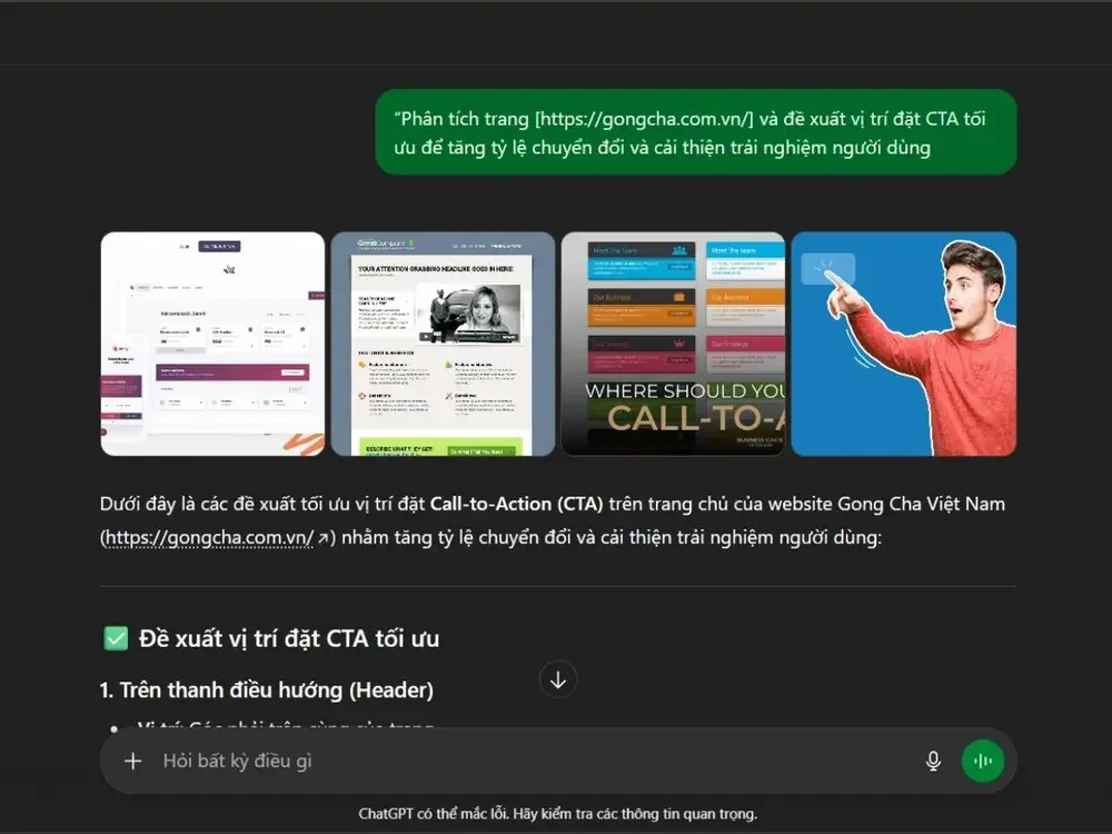 Nhập prompt để yêu cầu Chat GPT gợi ý vị trí đặt CTA