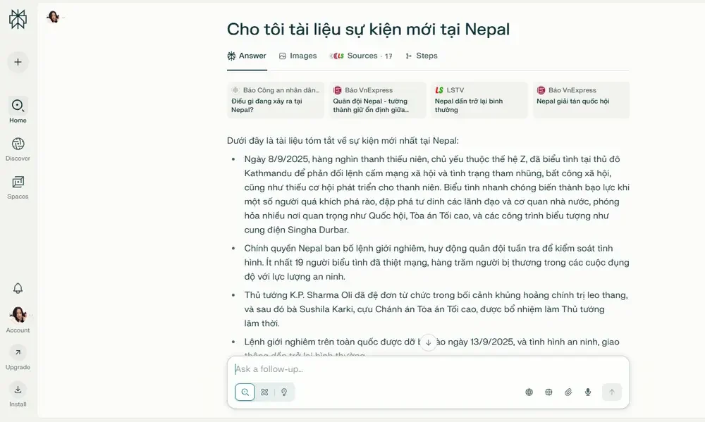 Perplexity có thể cập nhật thông tin sự kiện mới miễn là có dữ liệu Internet