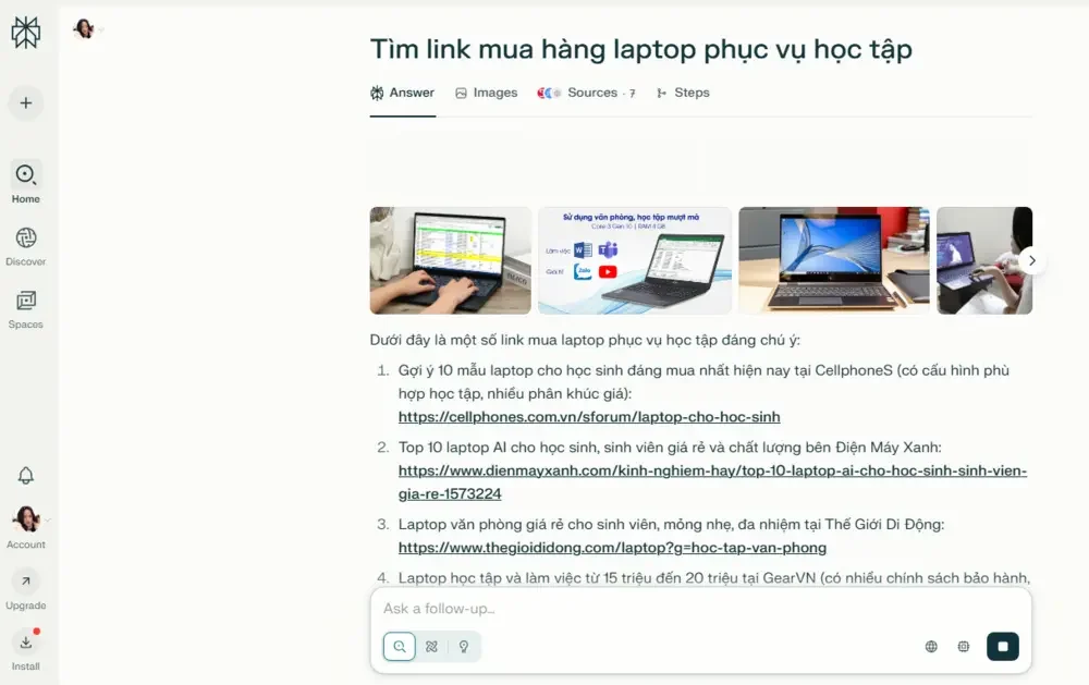 Perplexity đưa ra gợi ý các link mua hàng uy tín