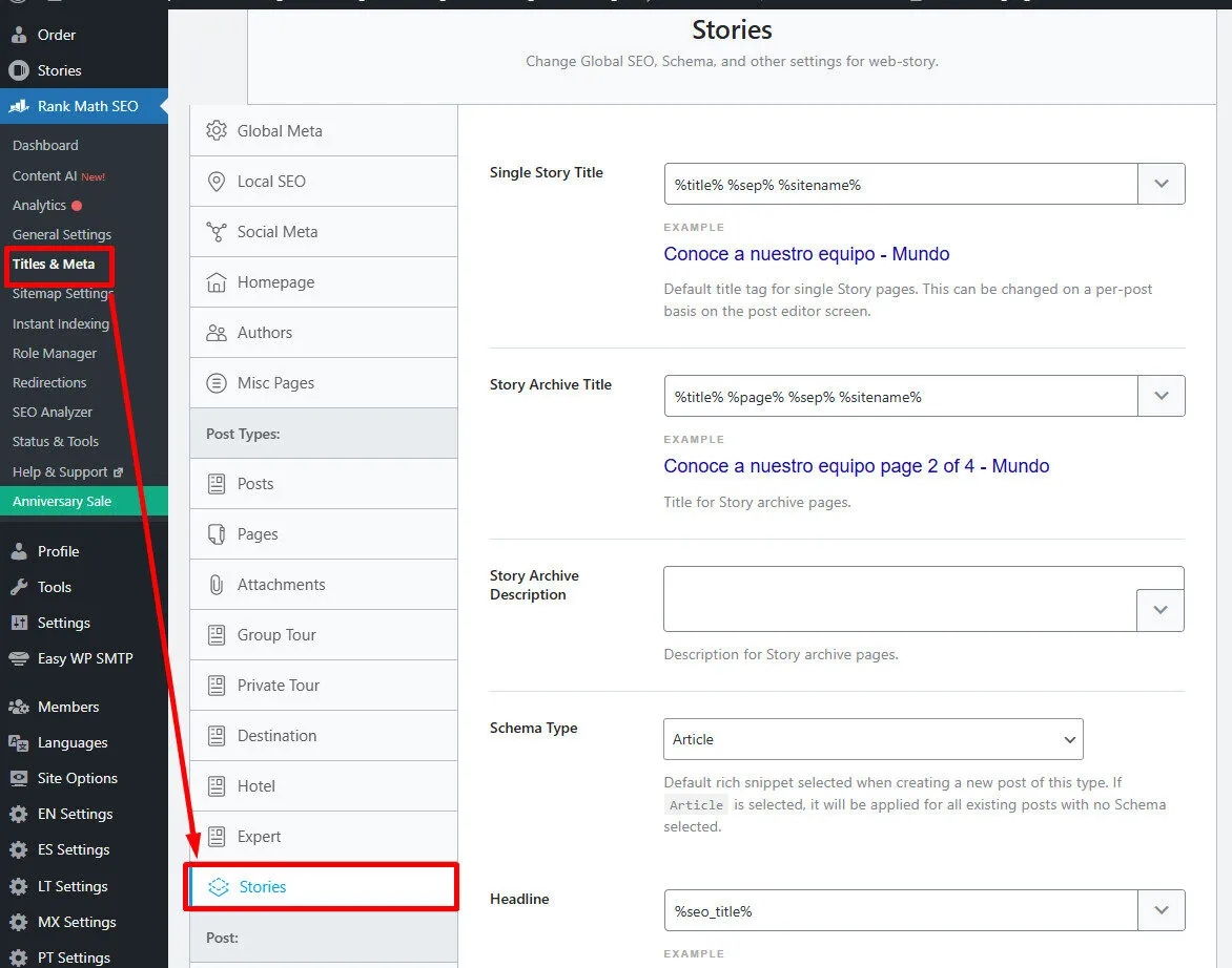 Ấn chọn Titles & Meta và chọn Stories