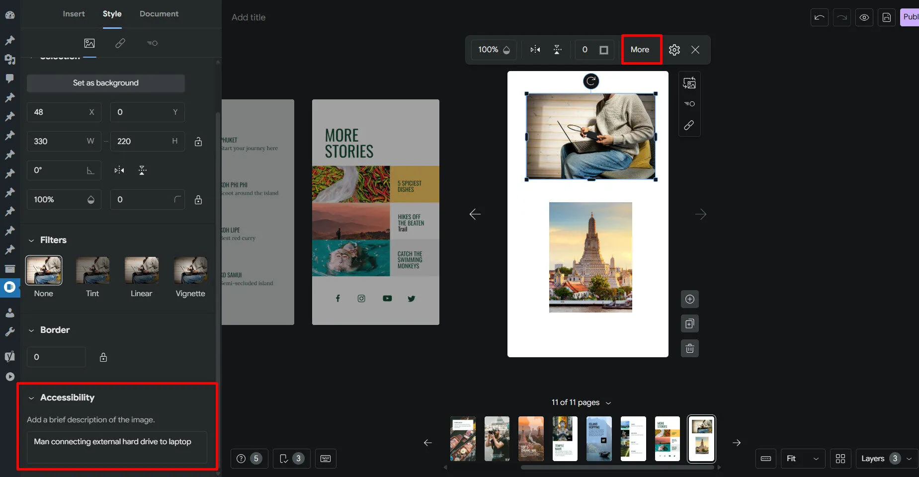 Chọn vào text, chọn more và chọn loại thẻ heading phù hợp trong Accessibilty