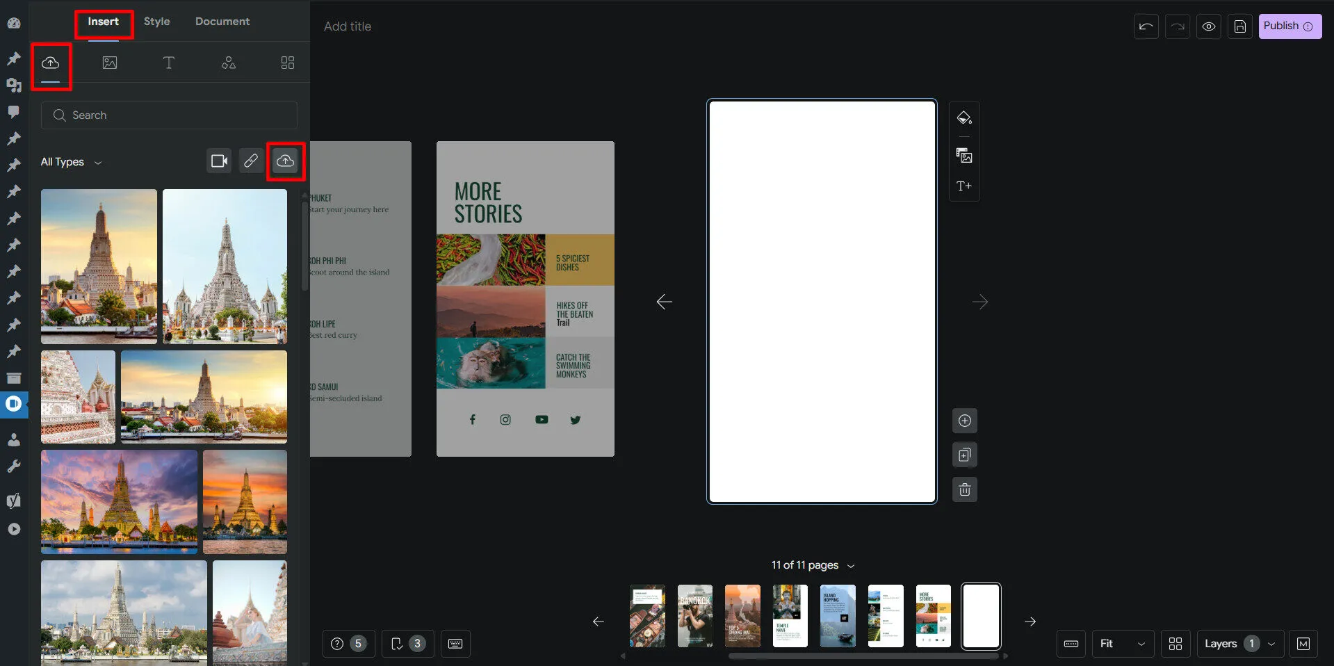 Để tải ảnh lên Story, bạn ấn chọn Insert và chọn biểu tưởng đám mây tải lên