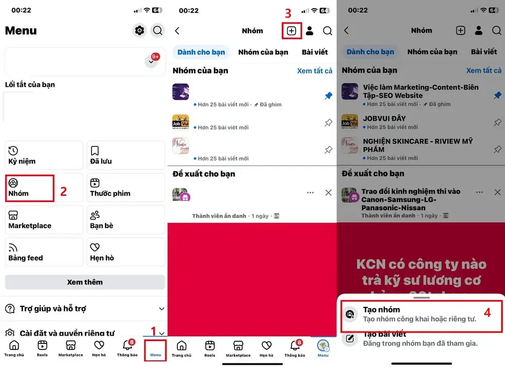 Chọn biểu tượng Menu ở góc trên bên phải màn hình và chọn Nhóm