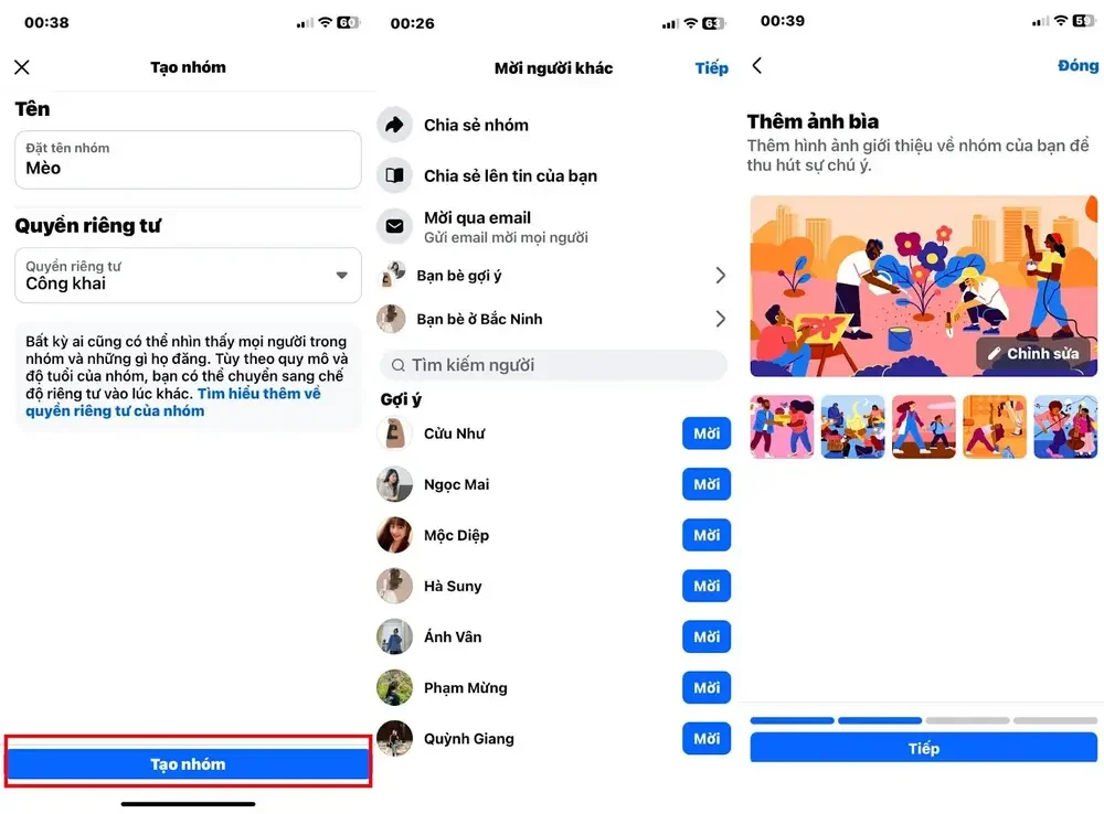 Chọn tạo nhóm, mời bạn bè và thêm ảnh bìa