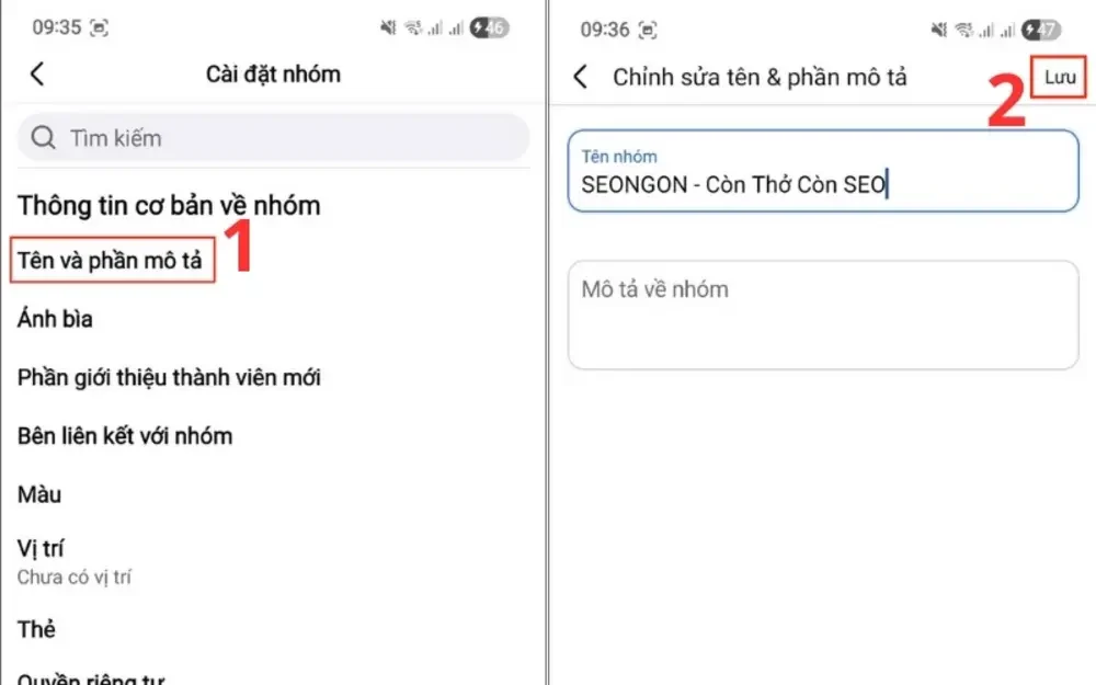 Chọn Tên và phần mô tả sau đó đặt lại tên nhóm facebook mới và nhấn lưu