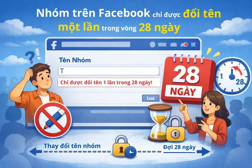 Facebook chỉ cho phép mỗi nhóm đổi tên một lần trong vòng 28 ngày nhằm hạn chế việc đổi tên quá thường xuyên gây nhầm lẫn cho thành viên
