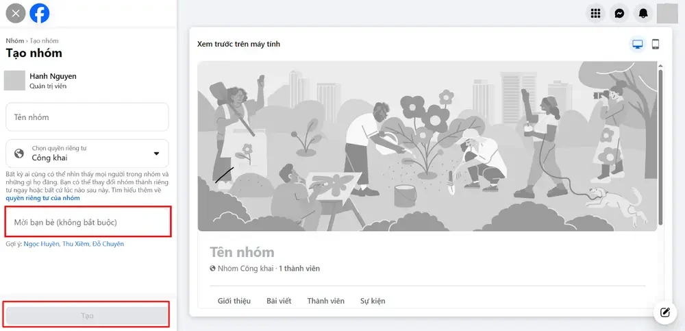 Mời thêm một bạn bè vào nhóm và chọn Tạo