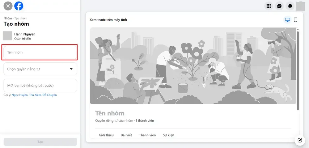 Nhập tên nhóm vào ô Tên nhóm