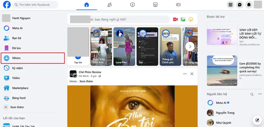 Truy cập mục Nhóm ở Menu