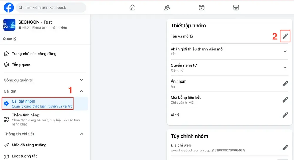Truy cập phần cài đặt nhóm để thực hiện đổi tên