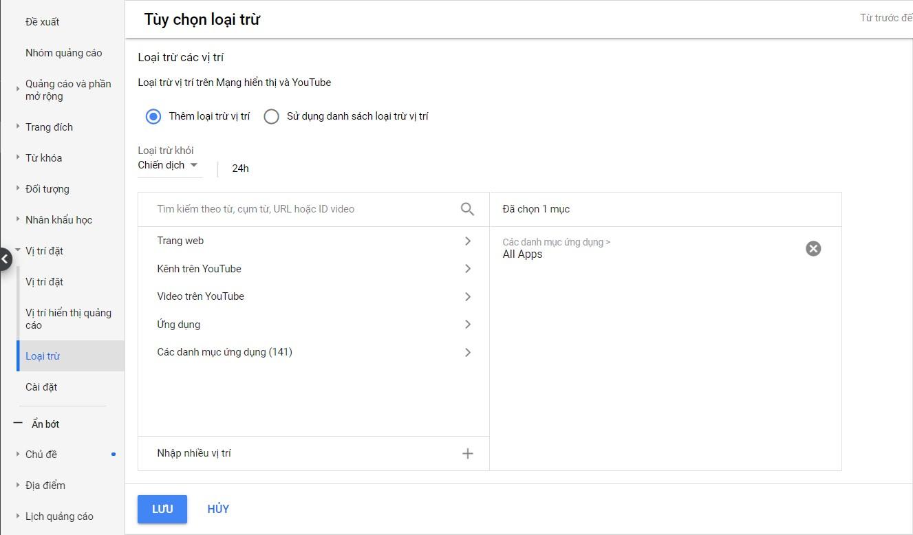 từ khóa phủ định trong google adwords trong chiến dịch hiển thị hoặc video