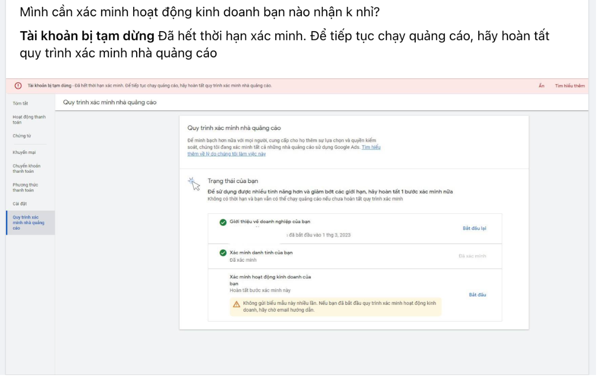Hình ảnh về một tài khoản Google Ads bị tạm ngưng do chưa xác minh