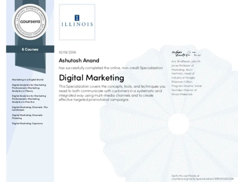 Chứng chỉ Digital Marketing đến từ trường Đại học Illinois trên nền tảng Coursera