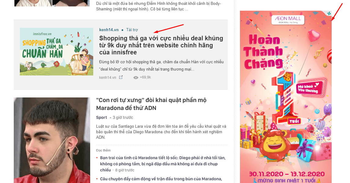 Một số vị trí quảng cáo hiển thị Native Ads