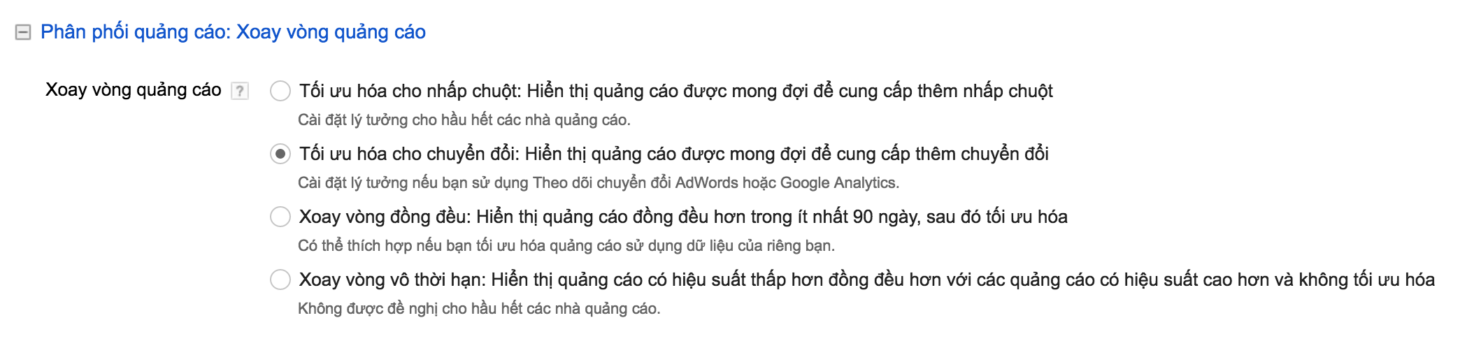 Bật xoay vòng quảng cáo tối ưu cho chuyển đổi