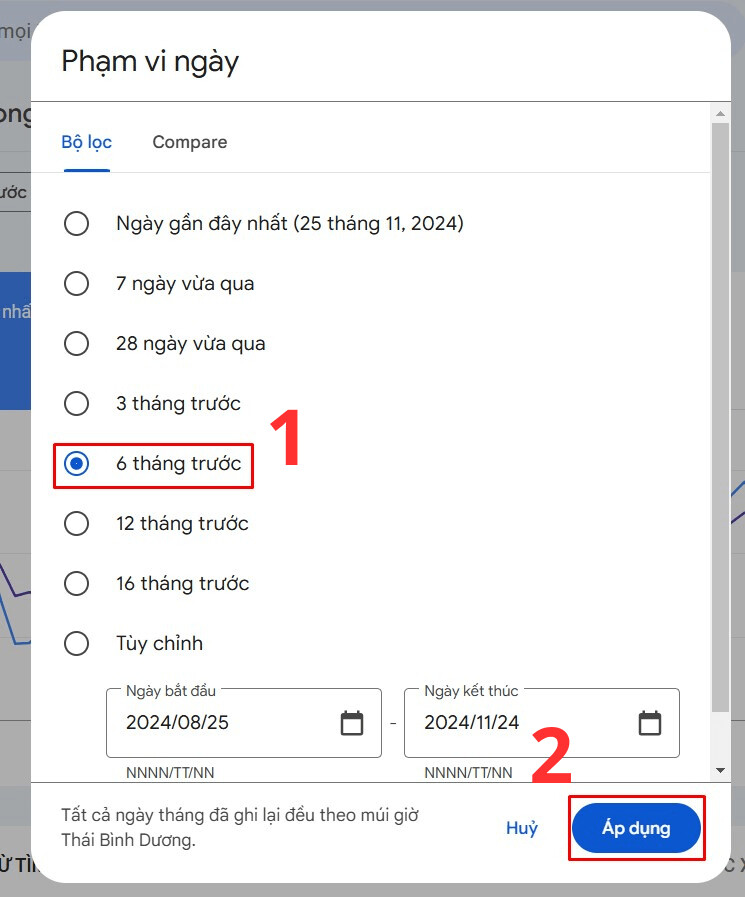 Lưu lượng truy cập theo phạm vi ngày cố định hoặc tự chỉnh của người dùng