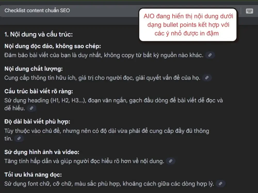 AIO đang hiển thị nội dung dưới dạng bullet points kết hợp với các ý nhỏ được in đậm