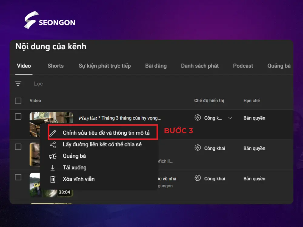 Ấn vào mục chỉnh sửa tiêu đề và thông tin mô tả