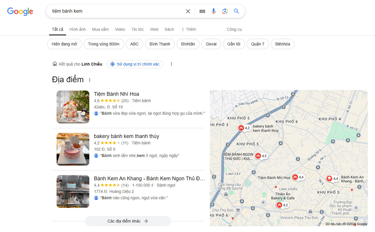 Ba kết quả đầu tiên được chọn dựa trên mức độ liên quan, khoảng cách và độ nổi bật của doanh nghiệp