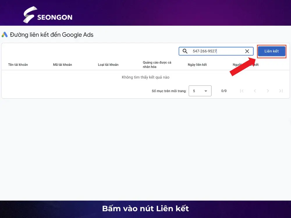 Bấm nút Liên kết để bắt đầu liên kết Google Analytics với Adwords