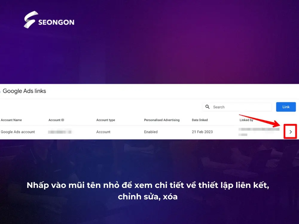 Bấm vào mũi tên để xem chi tiết thiết lập liên kết Google Analytics với Adwords