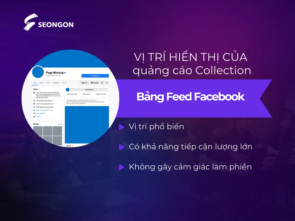 Bảng Feed Facebook là vị trí phổ biến nhất, nơi quảng cáo xuất hiện xen kẽ nhiều bài đăng
