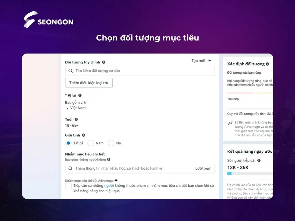 Chọn các thông tin ở mục đối tượng