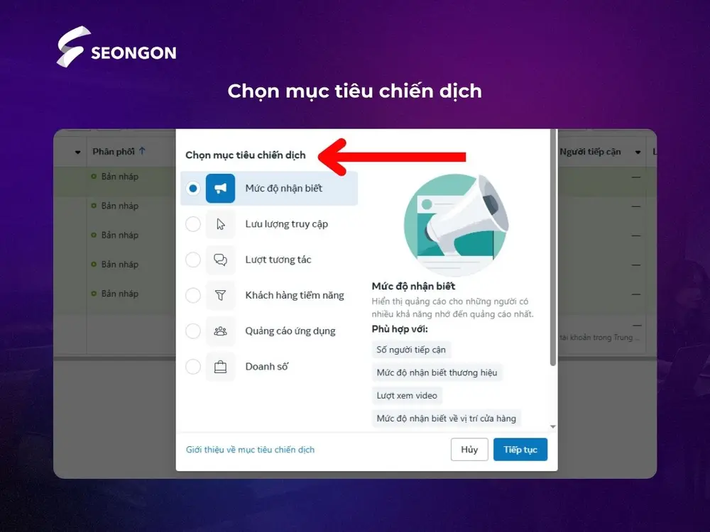 Chọn một trong các mục tiêu chiến dịch trừ tương tác