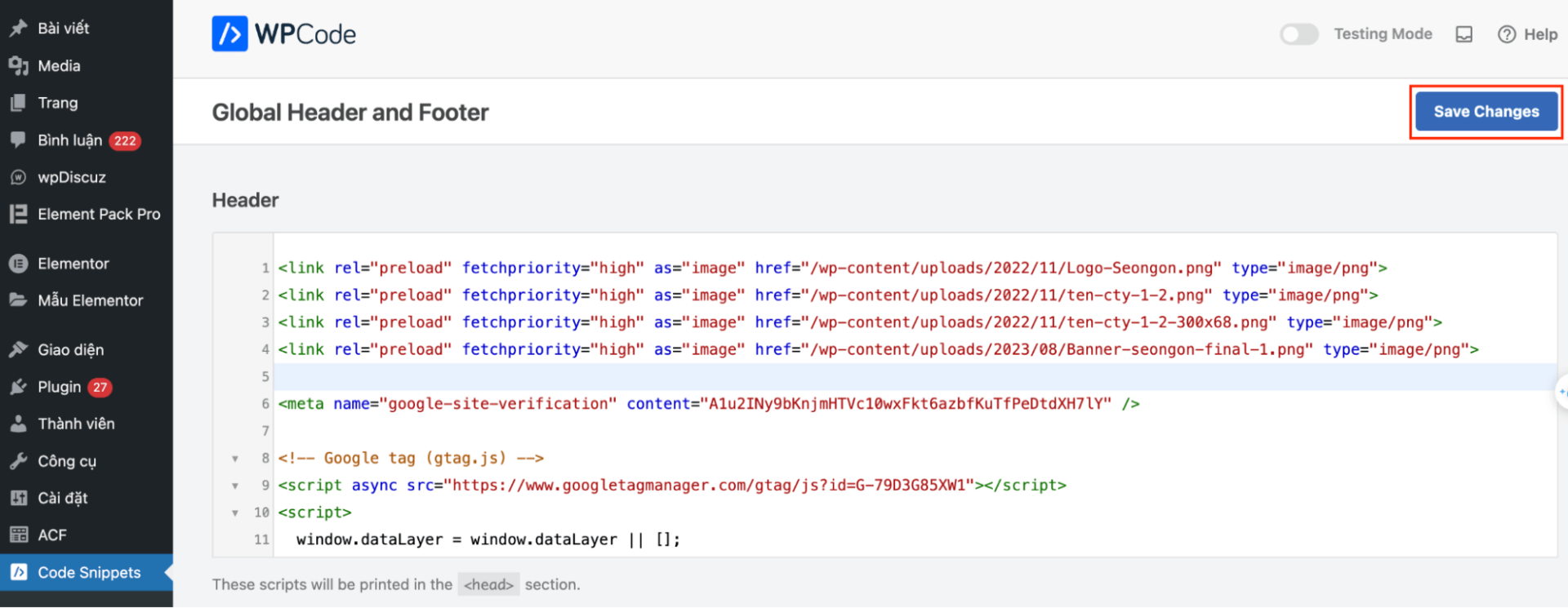 Dán mã HTML vừa sao chép vào phần <head><figcaption id=