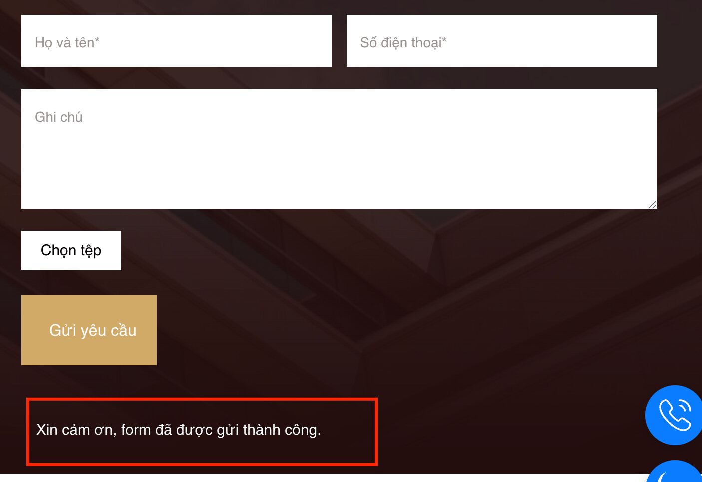 Dạng điền form và xuất hiện dòng chữ cảm ơn