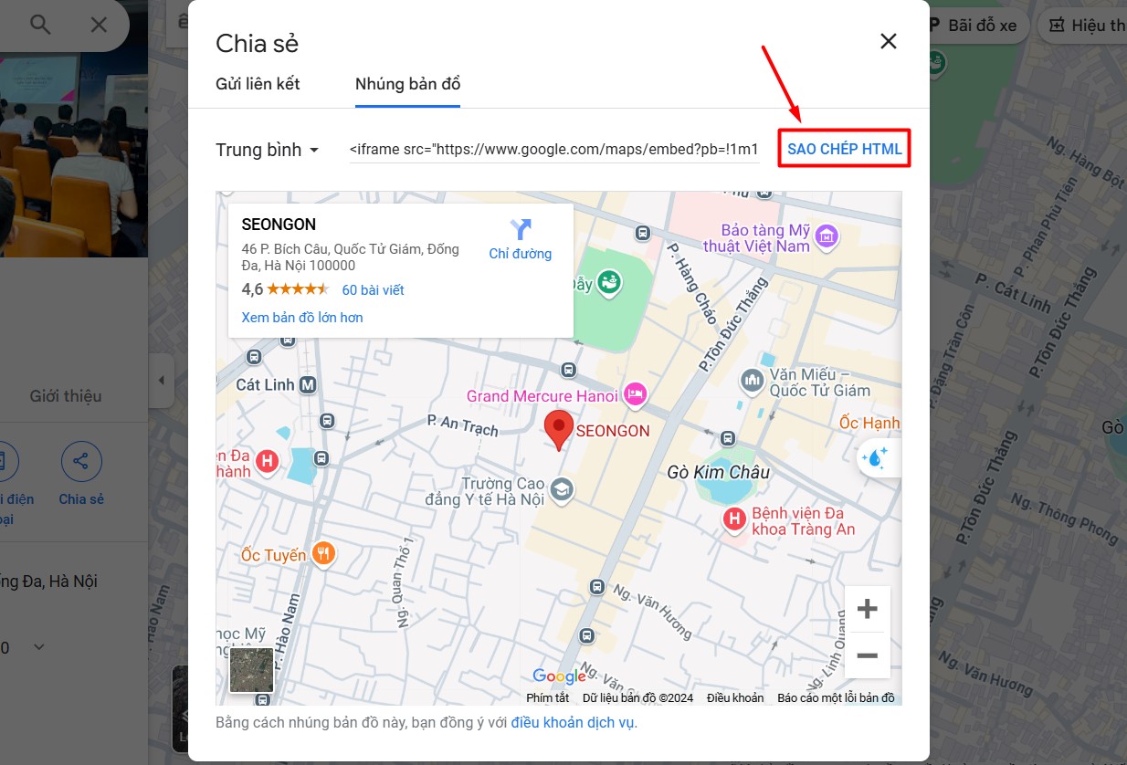 Để nhúng được bản đồ vào website bạn hãy chọn sao chép HTML