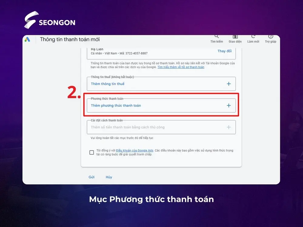 Đến mục Phương thức thanh toán