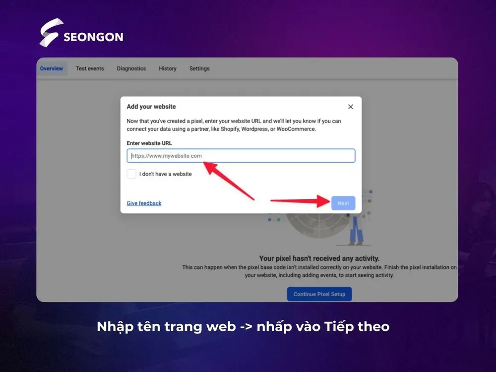 ĐIền tên trang web khi cài đặt pixel