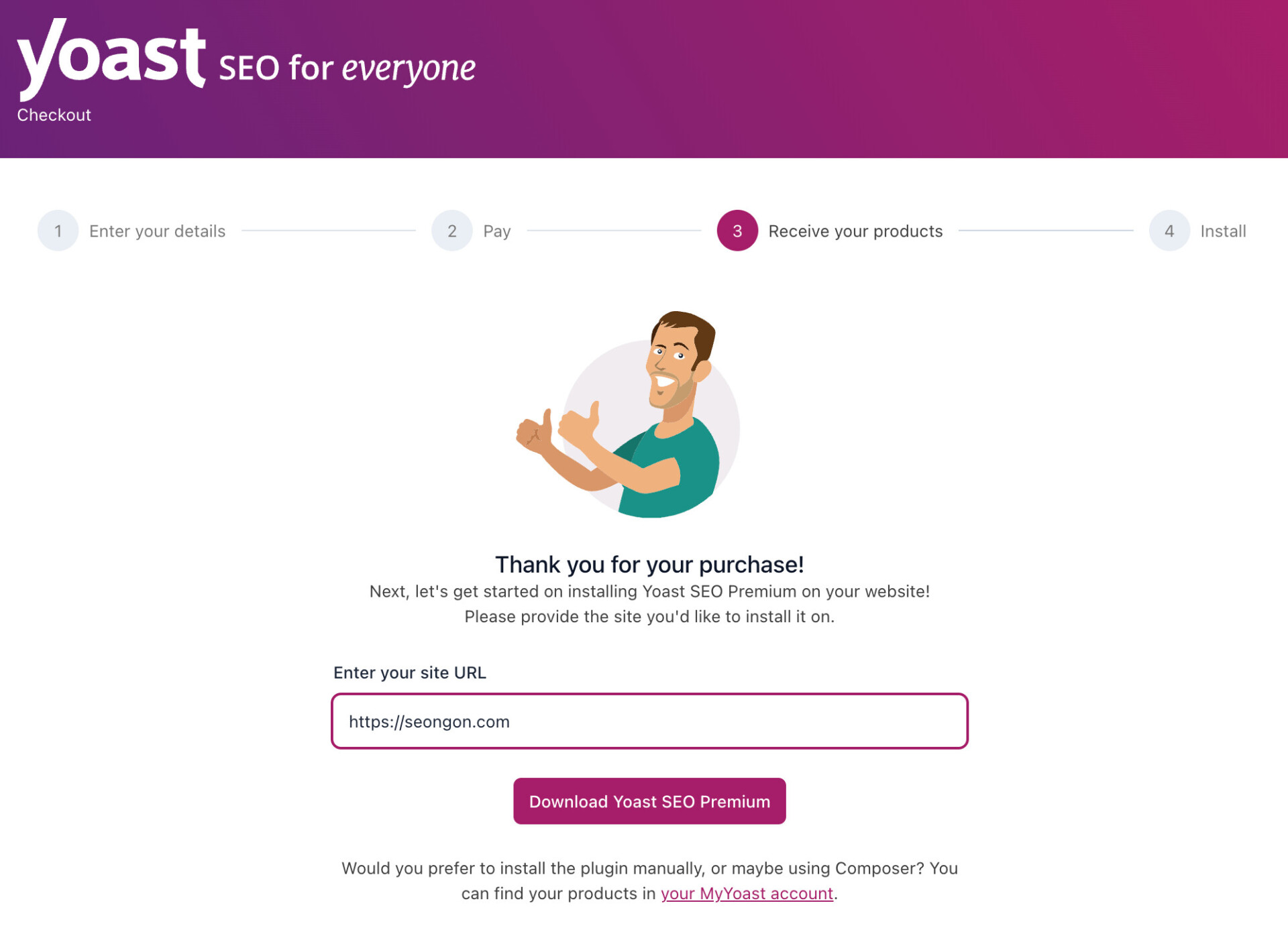Điền URL website của bạn sau đó tải Yoast SEO premium về máy