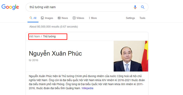 Google hiển thị breadcrumb khi search từ khoá