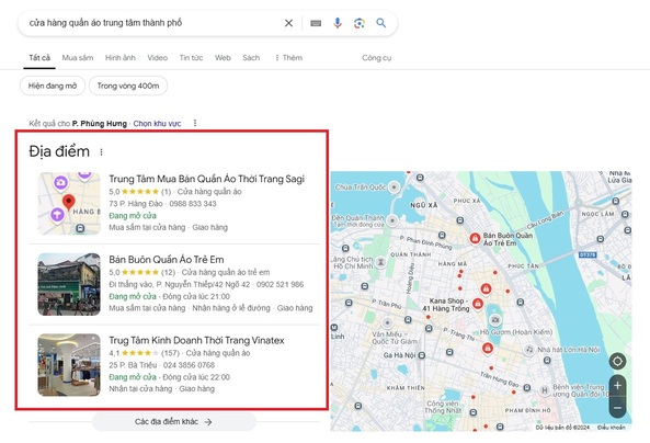 Ví dụ bạn tìm cửa hàng quần áo ở trung tâm thành phố thì kết quả sẽ hiện ra đa dạng hơn với nhiều địa chỉ khác nhau quanh khu vực trung tâm