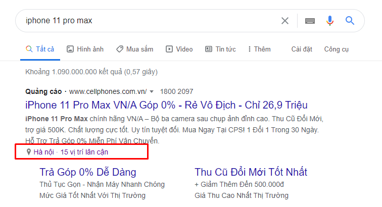 tiện ích mở rộng địa điểm đối với quảng cáo adwords