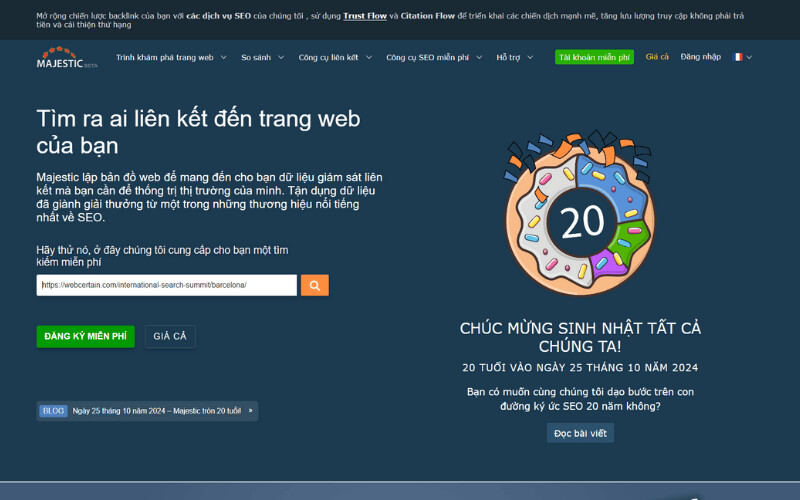 Truy cập website Majestic SEO, đăng nhập, nhập domain cần kiểm tra vào ô tìm kiếm