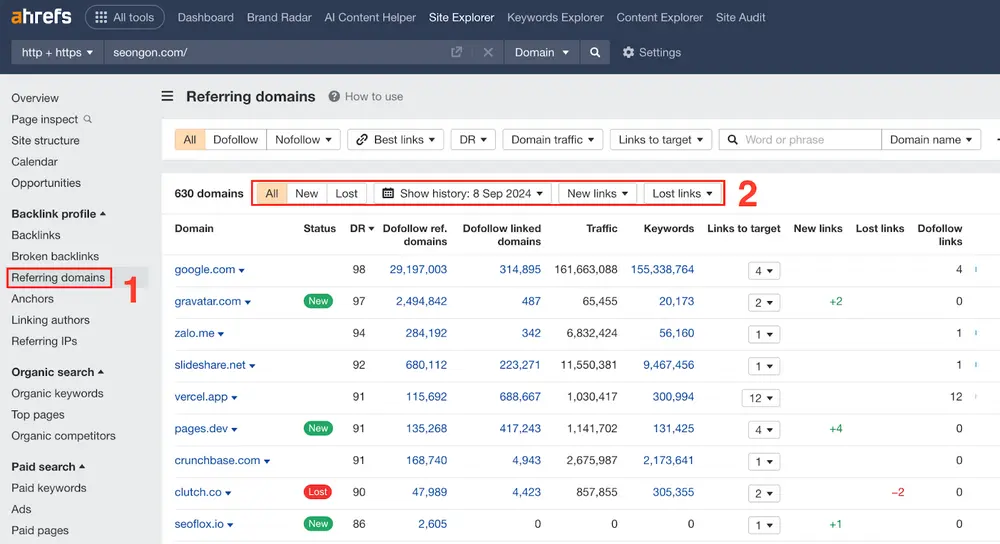 Kéo xuống tab Referring domains để xem chỉ số chi tiết