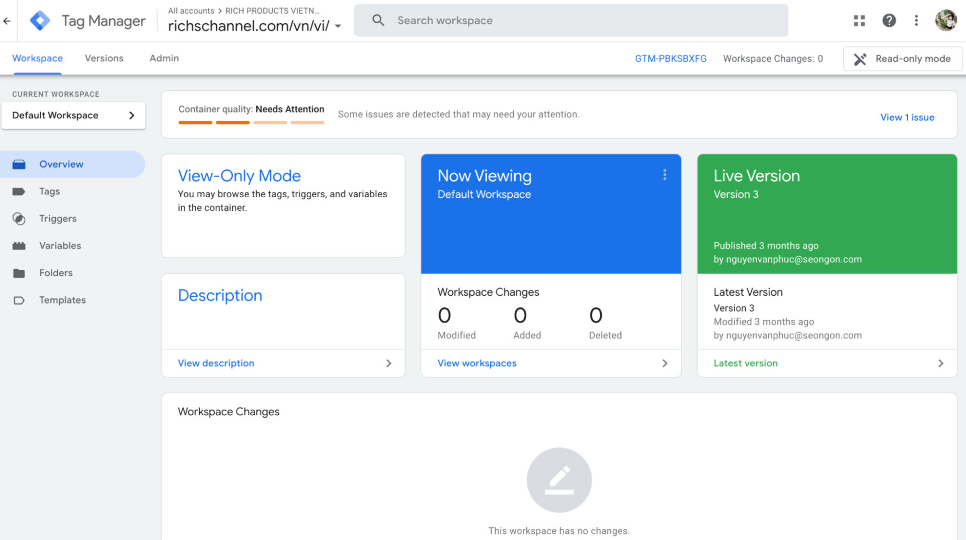 Không gian làm việc chính của Google Tag Manager