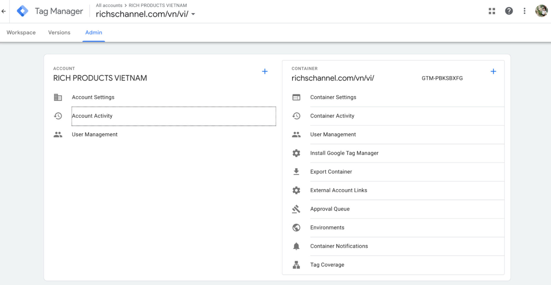 Kiểm soát người dùng, hoạt động của tài khoản trên Google Tag Manager