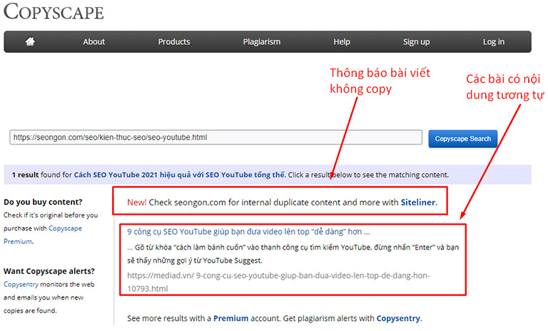Thông báo bài viết có copy hay không