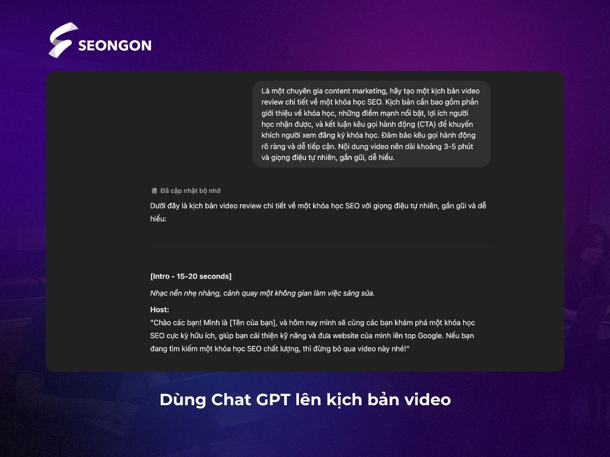 Lên ý tưởng nội dung cho video từ gợi ý của Chat GPT