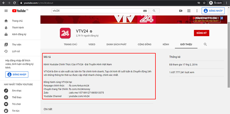 Mô tả kênh YouTube