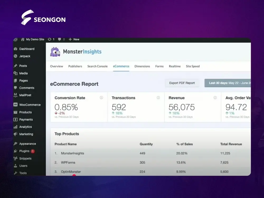 MonsterInsights cho phép bạn thiết lập các tính năng theo dõi chuyên sâu