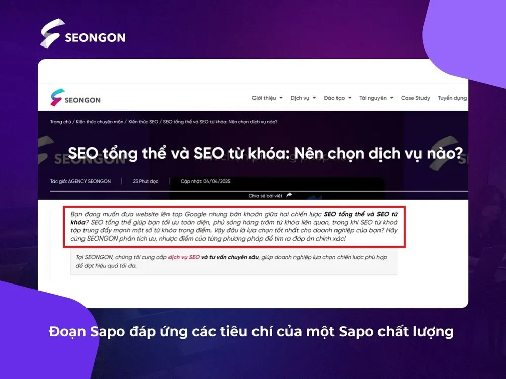Một đoạn Sapo chất lượng cần đáp ứng đầy đủ các yếu tố về nội dung, cách viết và phù hợp với chủ đề chung