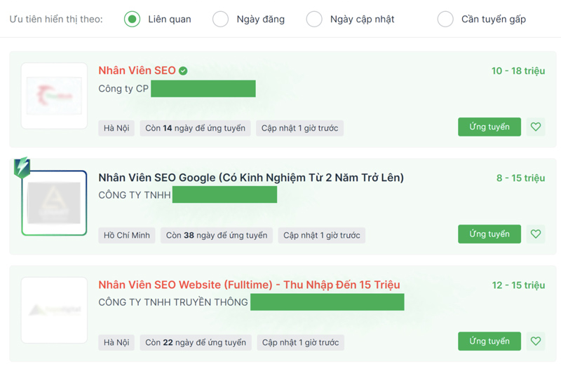 Mức lương các vị trí nhân viên SEO