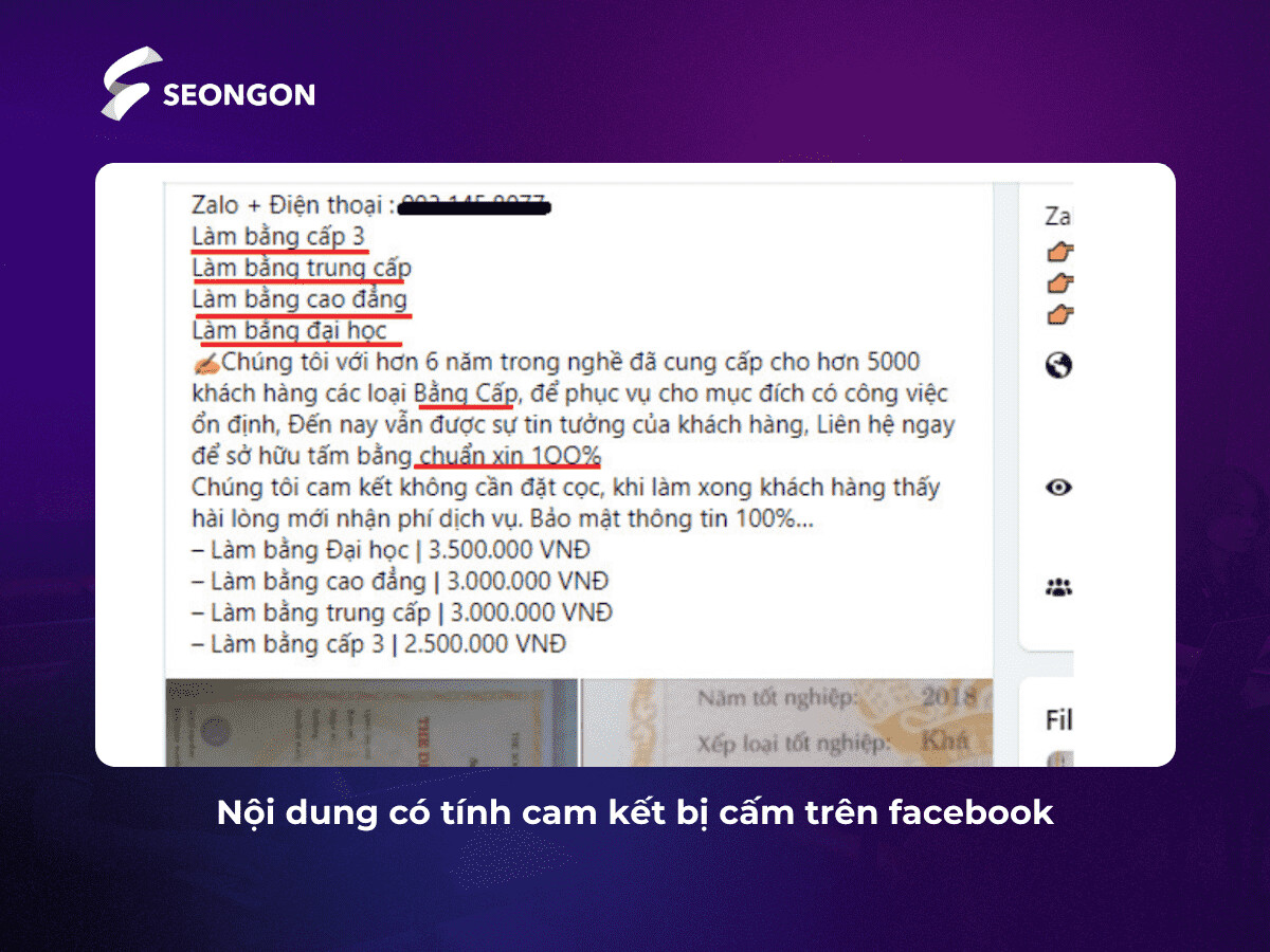 Nội dung mang tính chất cam kết 100% bị cấm bởi Facebook