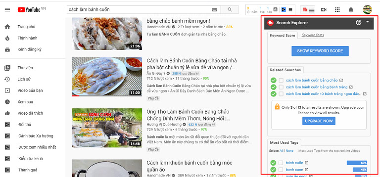 Những phân tích tổng quan về từ khóa, tags... khi bạn search cụm từ chủ đề của mình cho TubeBuddy gợi ý